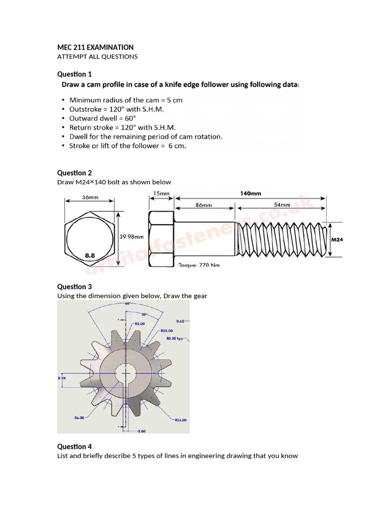 MEC 211 Exam: Engineering Drawing Questions | PDF