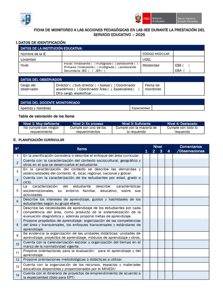 Ficha de Monitoreo Docente 2025 | PDF | Aprendizaje | Evaluación