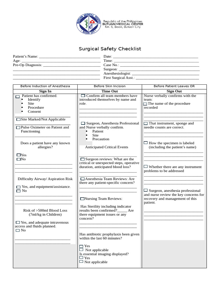 Surgical Safety Checklist | PDF | Anesthesia | Surgery