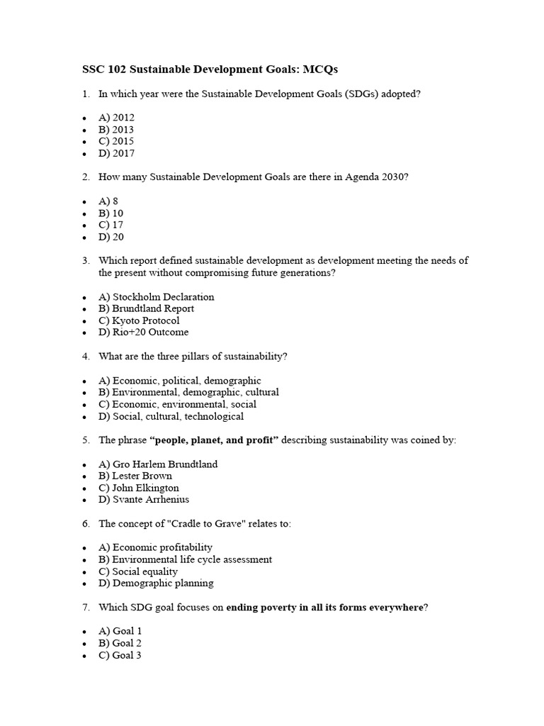 Sustainable Development Goals MCQs Guide | PDF | Sustainability ...
