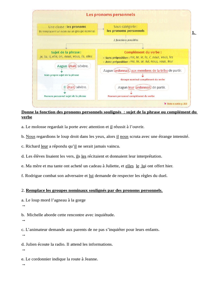 Exercices sur les pronoms personnels PDF | PDF