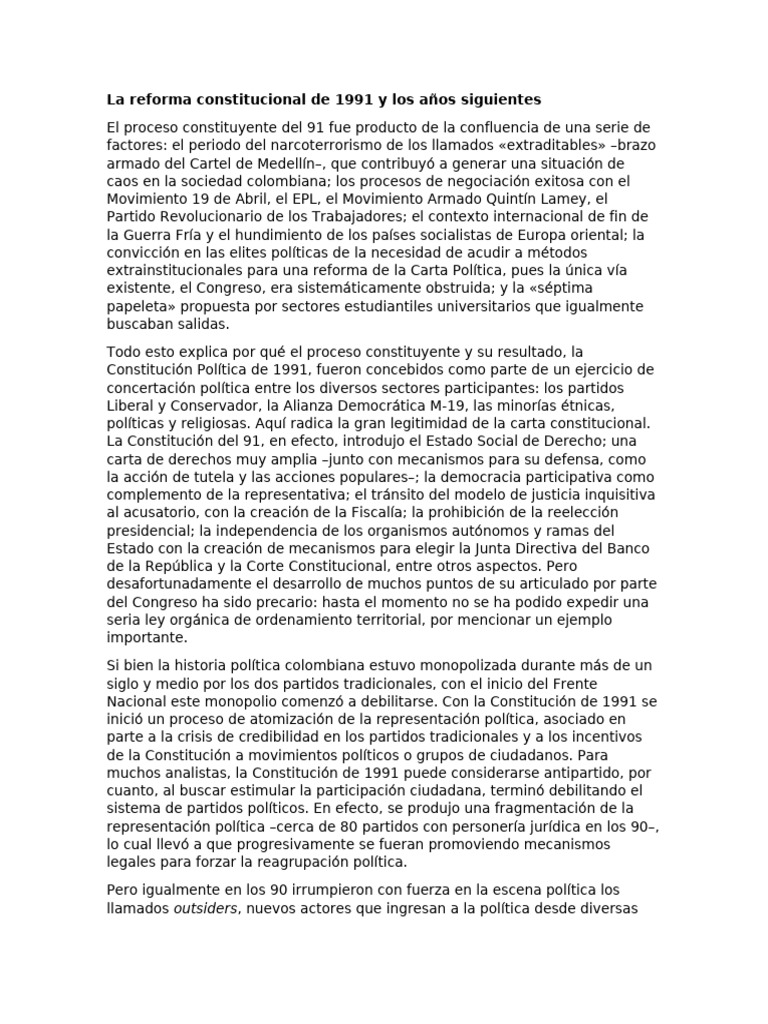 Reforma Constitucional de 1991 en Colombia | PDF | Gobierno | Ciencias ...