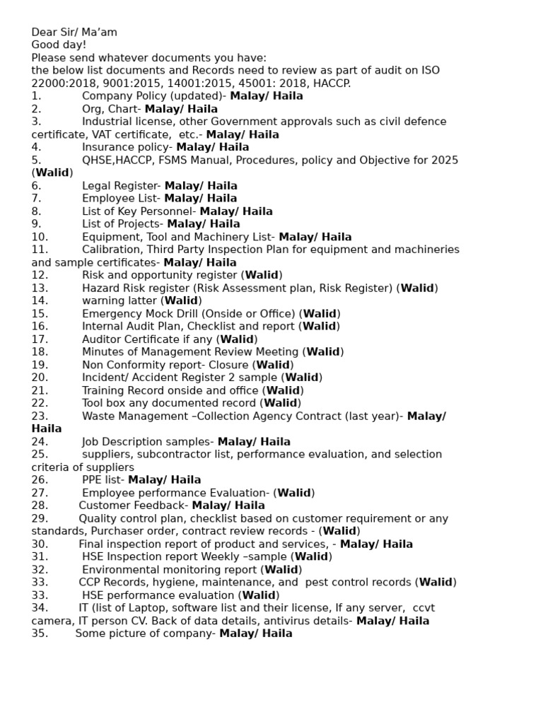 ISO Audit Document Request List | PDF | Audit | Business