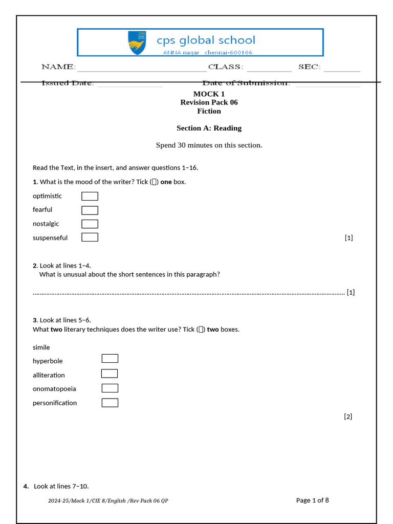 Fiction Reading and Writing Mock Exam | PDF | Ellipsis | Notation