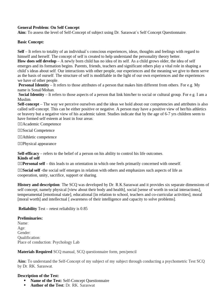 Self-Concept Assessment Using SCQ | PDF | Self Concept | Cognitive Science
