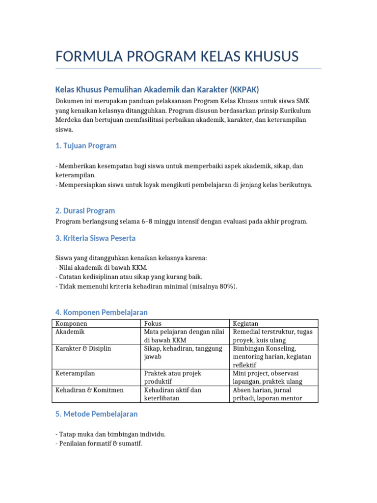 Program Kelas Khusus Pemulihan SMK | PDF