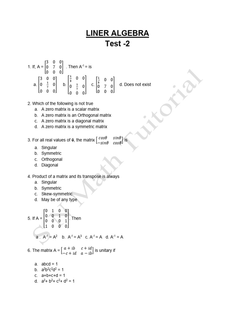 Linear Algebra Test - Practice Set 2 | PDF | Matrix (Mathematics ...