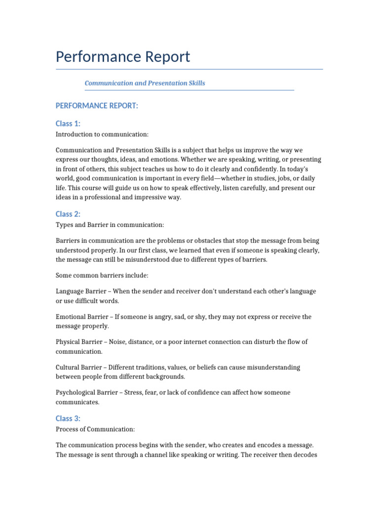 Communication Skills Performance Report | PDF | Communication | Reading ...