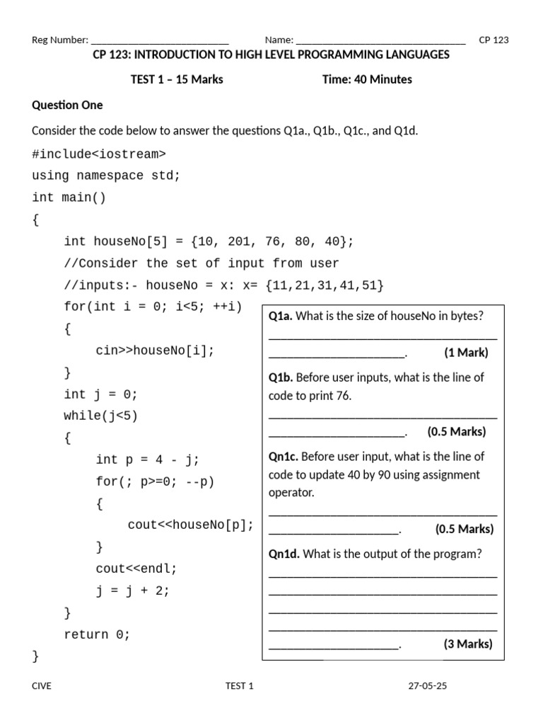 High-Level Programming Languages Test | PDF | Namespace | C++