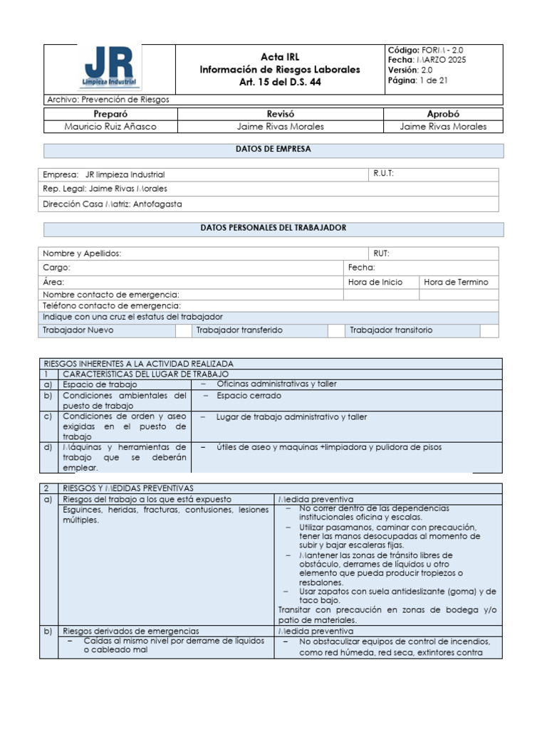 Prevención de Riesgos Laborales en JR Limpieza | PDF