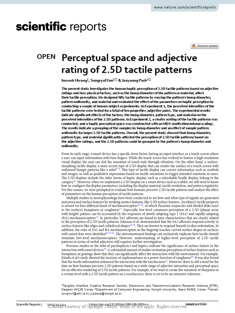 Haptic Perception of 2.5D Tactile Patterns | PDF | Somatosensory System ...