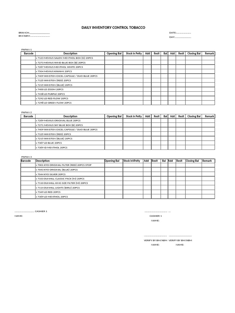 daily cigarette count sheet Daily Tobacco Inventory Report | PDF | Tobacco Industry