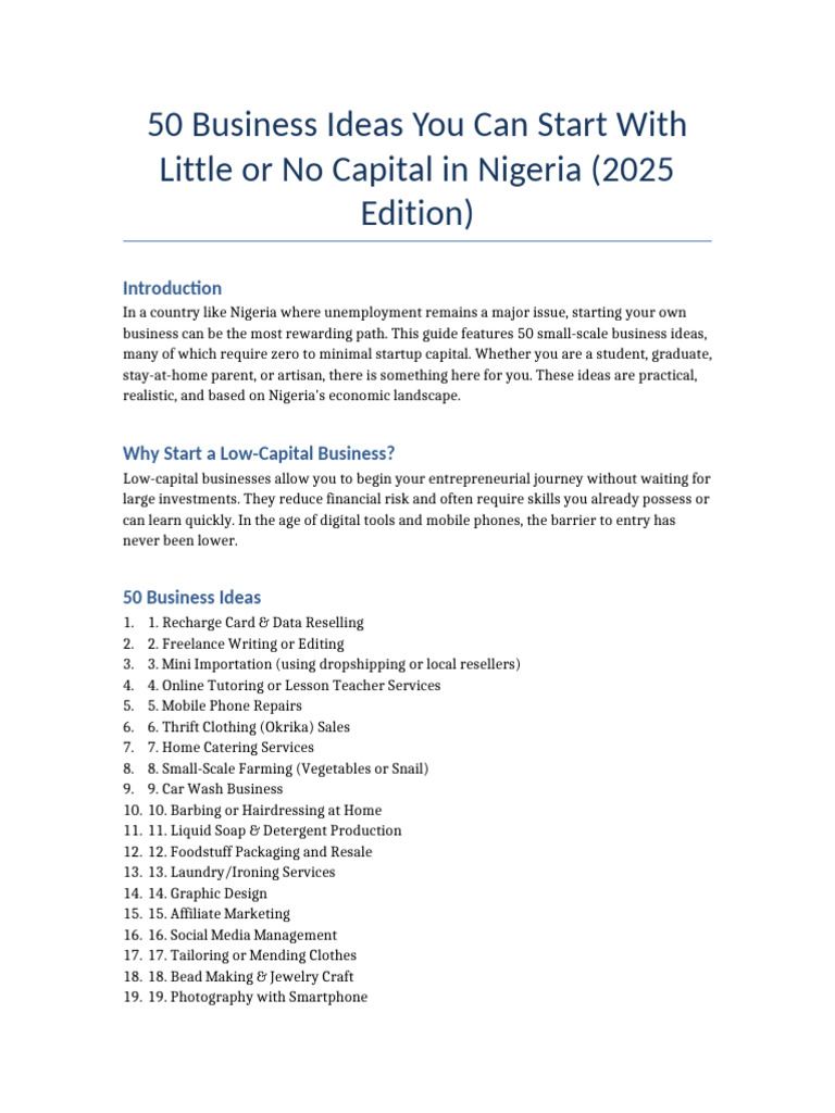 50 Low-Capital Business Ideas in Nigeria | PDF