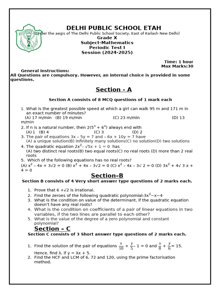 Grade X Math Periodic Test I | PDF | Polynomial | Computational Science