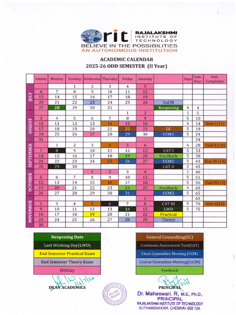 Academic Calendar II Year ODD Semester (2025-26) | PDF