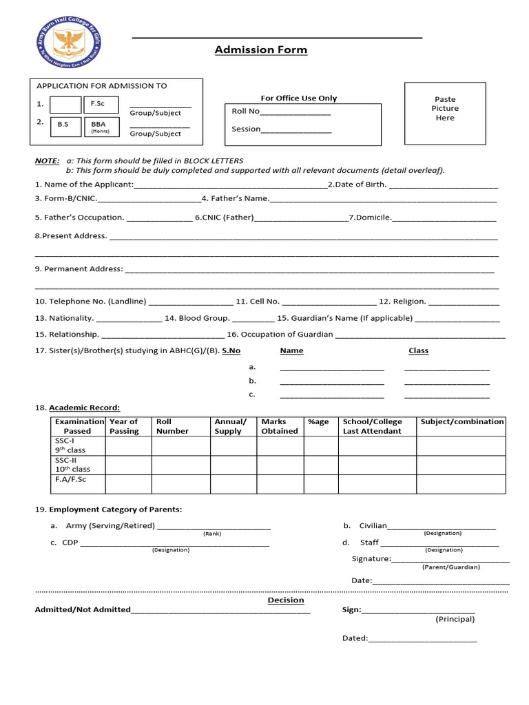 Admission Form for Army Burn Hall College | PDF | Justice | Crime ...