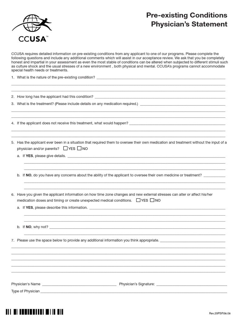 Pre-Existing Conditions Physician's Statement | PDF | Physician ...