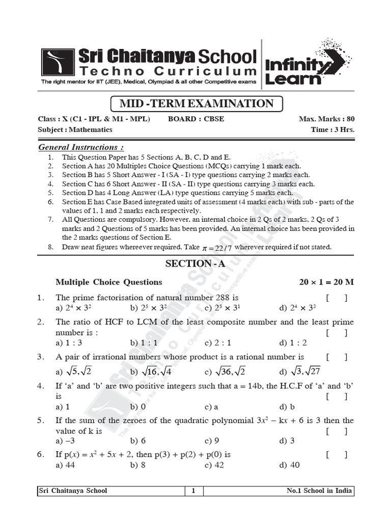 Cbse Math c1, m1 Mid - Term Exam (24.06.25) | PDF | Polynomial | Equations