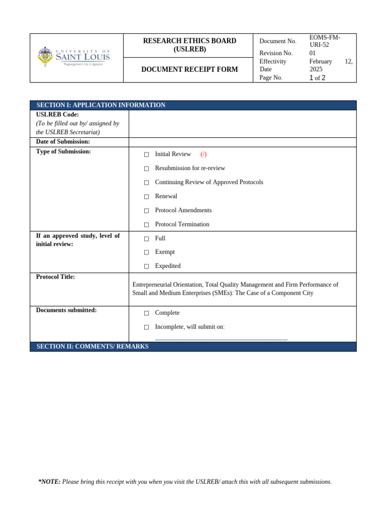 FM-URI-52 Document Receipt Form | PDF