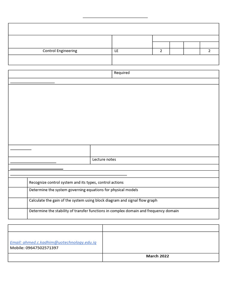 Control Engineering Course Syllabus | PDF | Control Engineering ...