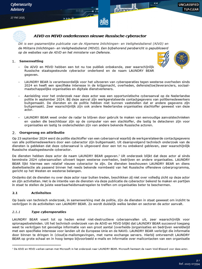 AIVD en MIVD Onderkennen Nieuwe Russische Cyberactor | PDF