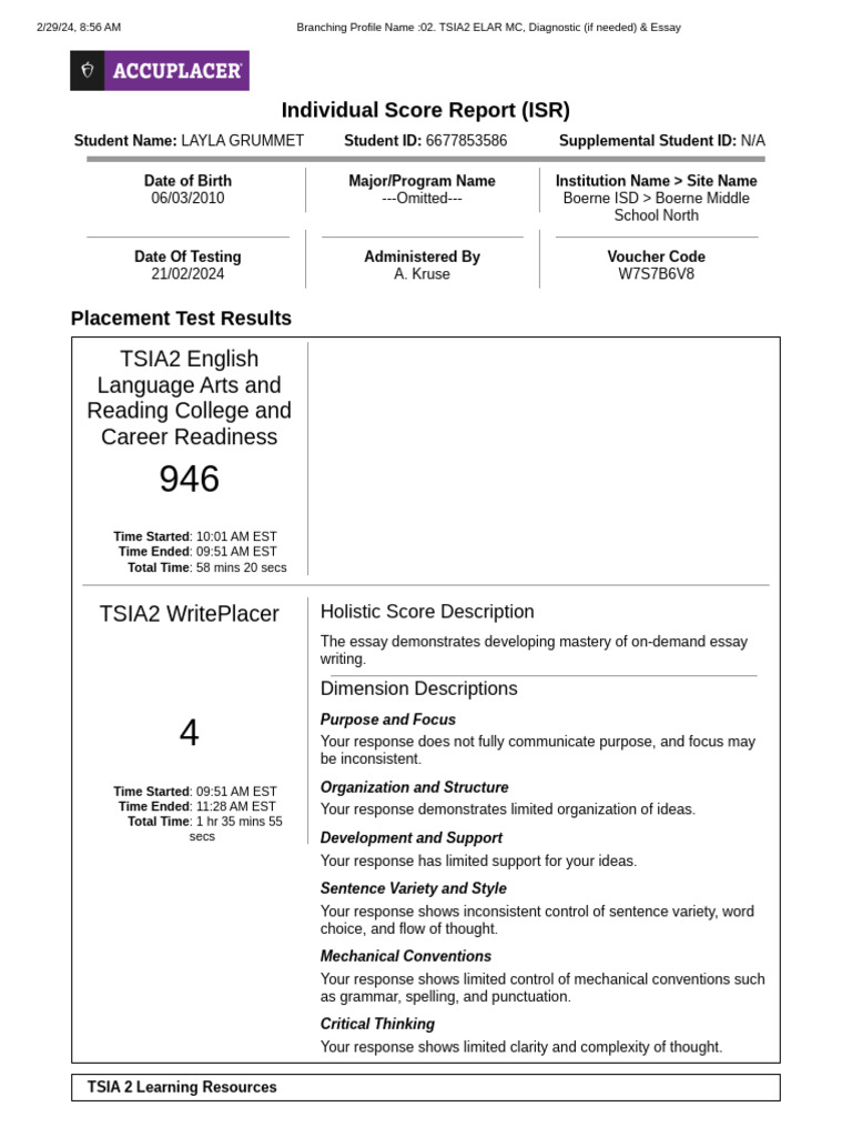 TSIA2 ELAR and WritePlacer Results | PDF | Learning | Linguistics