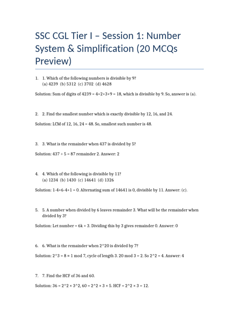 SSC CGL Tier1 Session1 NumberSystem PREVIEW 20Qs | PDF | Discrete ...