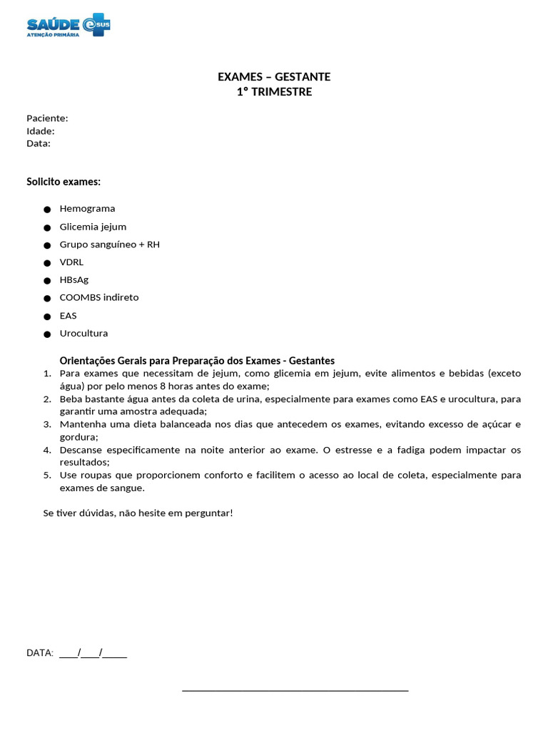 Exames Essenciais para Gestantes 1º Trimestre | PDF