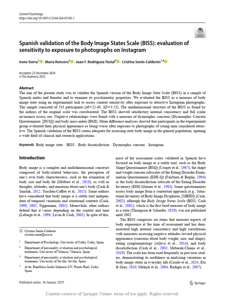 Spanish Validation of Body Image State Scale | PDF | Body Image ...