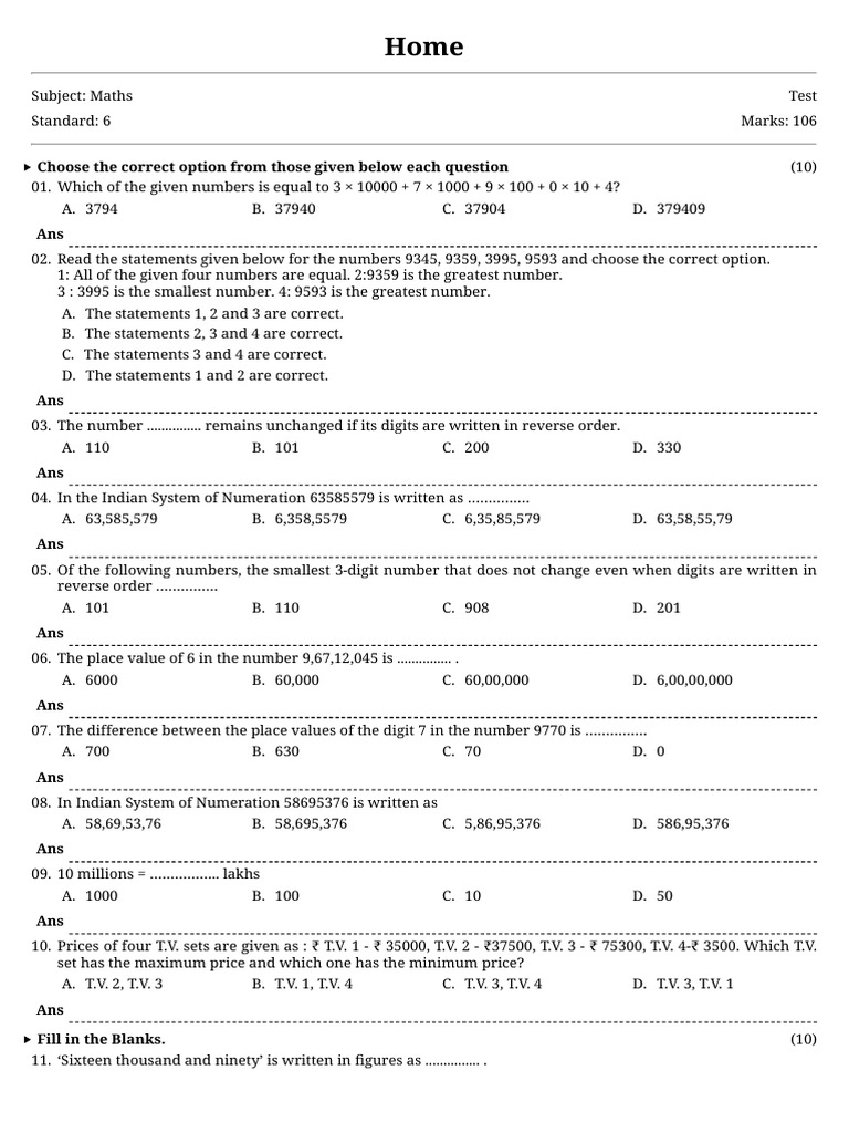6th Grade Maths Test Questions and Answers | PDF | Mathematics