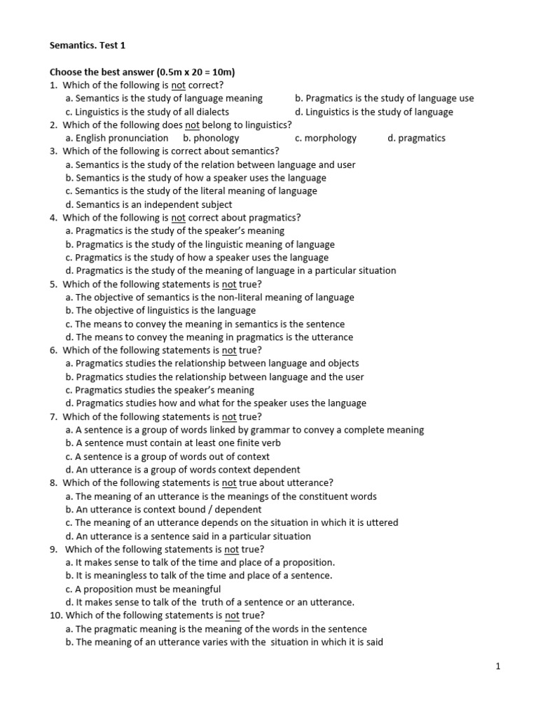 Semantics and Pragmatics Test Questions | PDF | Semantics | Linguistics