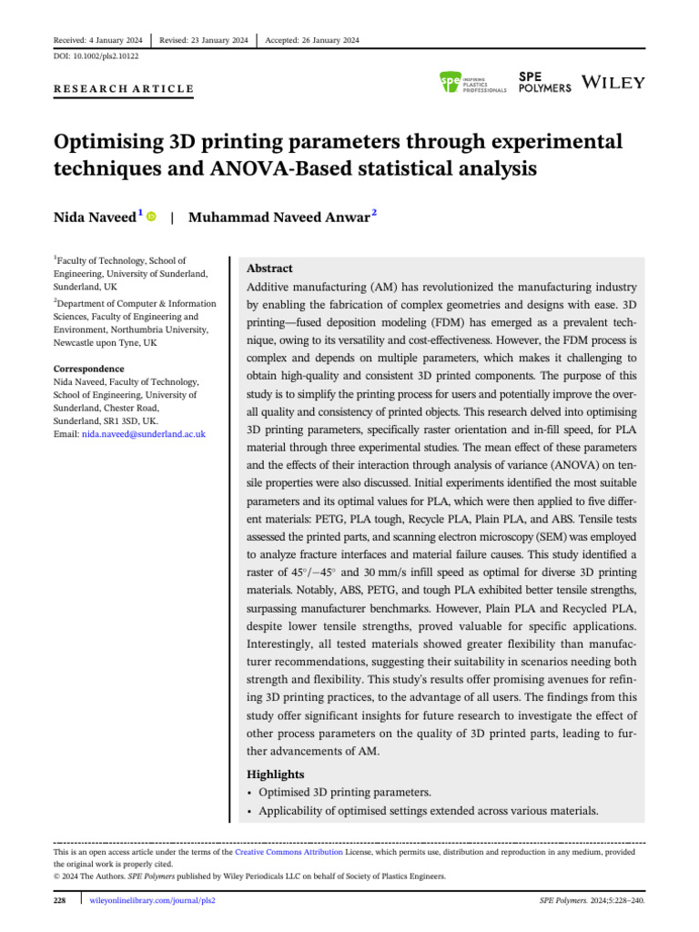 SPE Polymers - 2024 - Naveed - Optimising 3D Printing Parameters ...