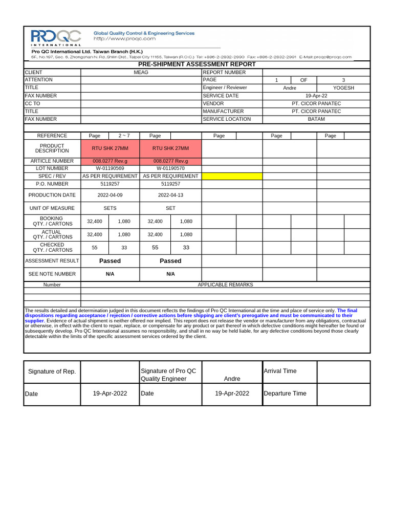 Pre-Shipment Assessment Report Summary | PDF