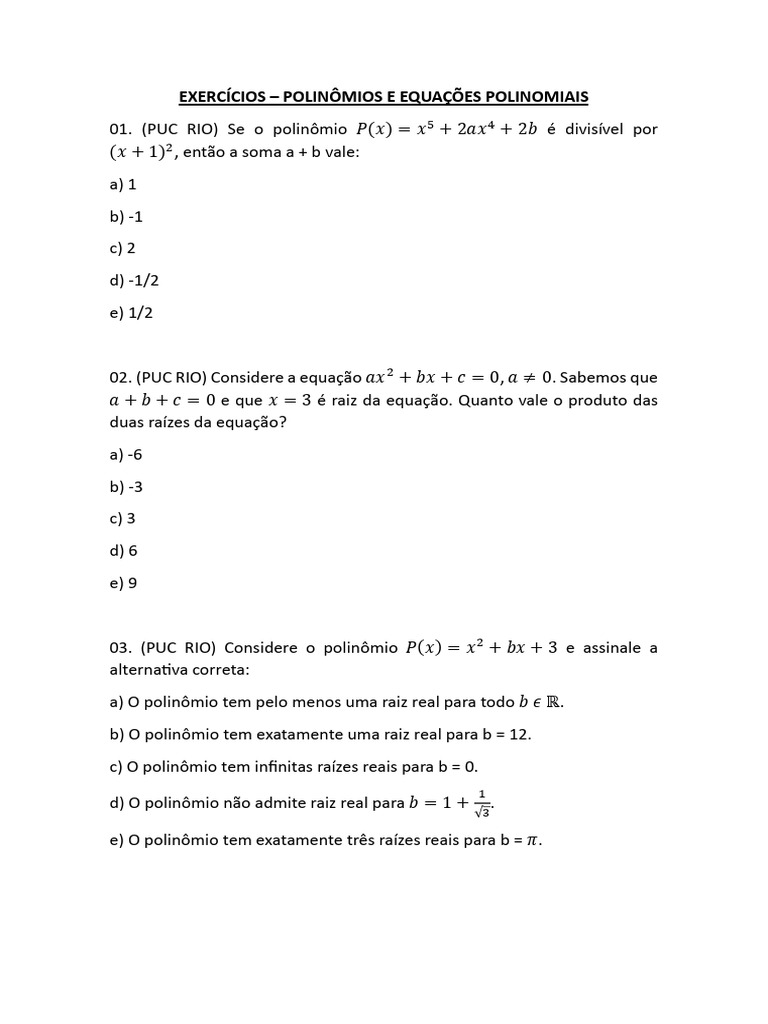Exercícios sobre Polinômios e Equações | PDF | Equações | Número real