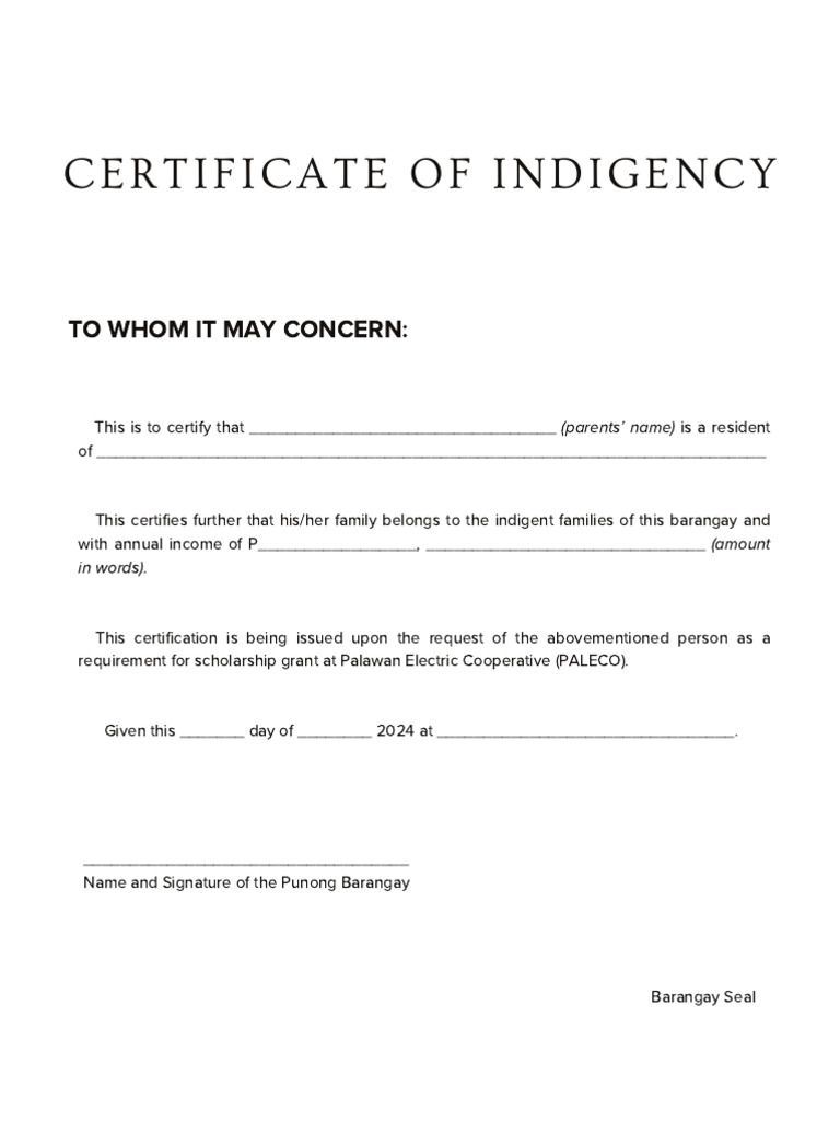 Certificate of Indigency for Scholarship | PDF