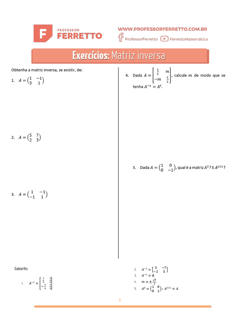Exercícios de Matriz Inversa | PDF