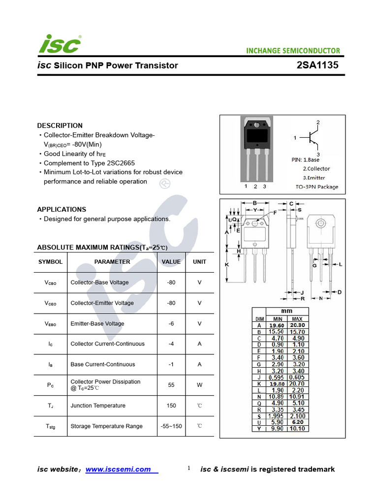 2SA1135 PNP Transistor Specifications | PDF | Bipolar Junction ...