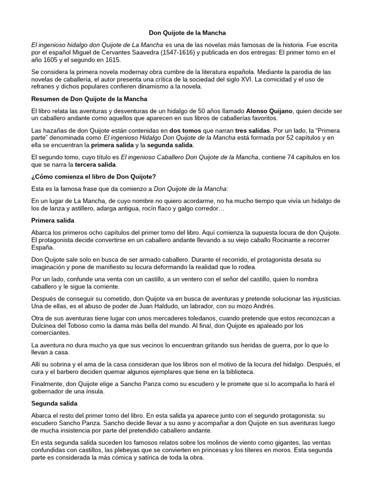 Análisis de Don Quijote de la Mancha | PDF | Don Quijote | Novelas ...