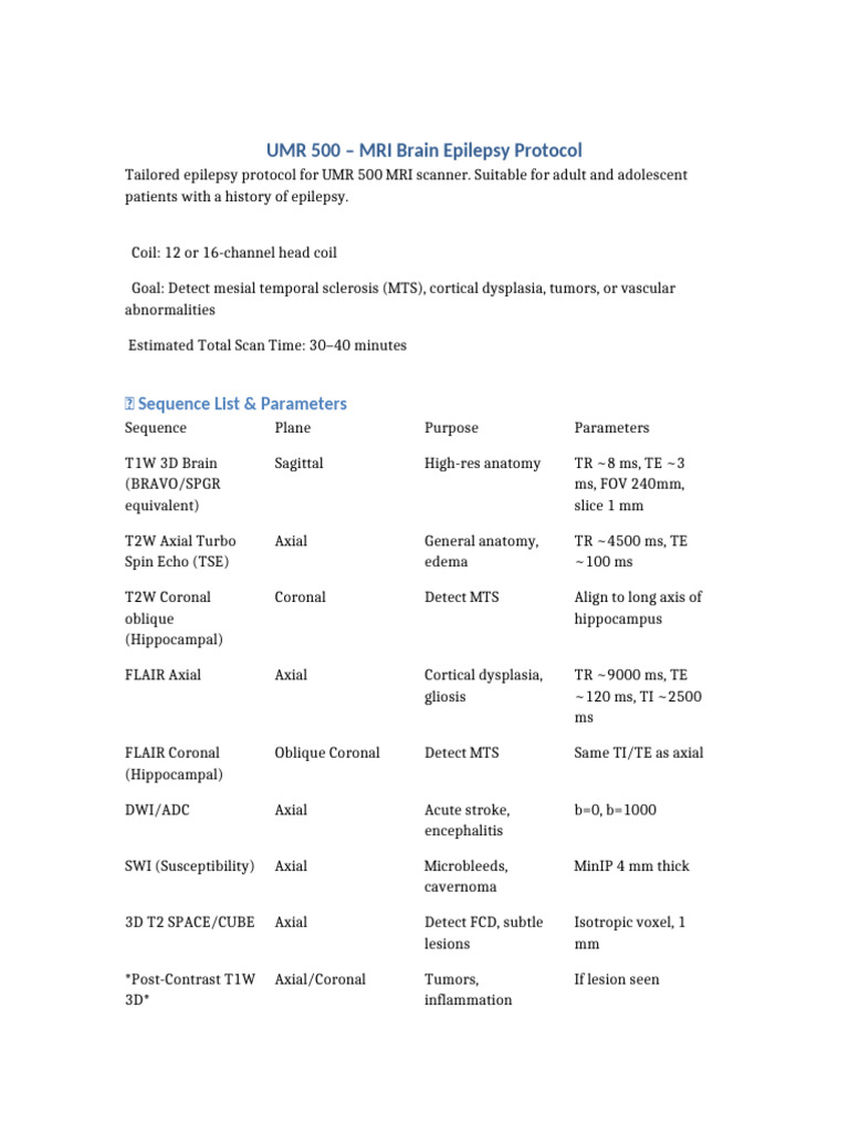 UMR 500 MRI Epilepsy Protocol Guide | PDF | Magnetic Resonance Imaging ...