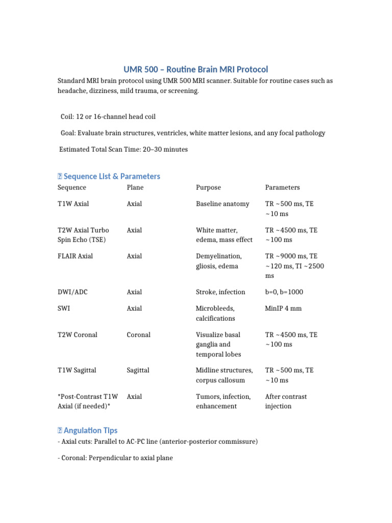 Routine Brain MRI Protocol UMR 500 | PDF