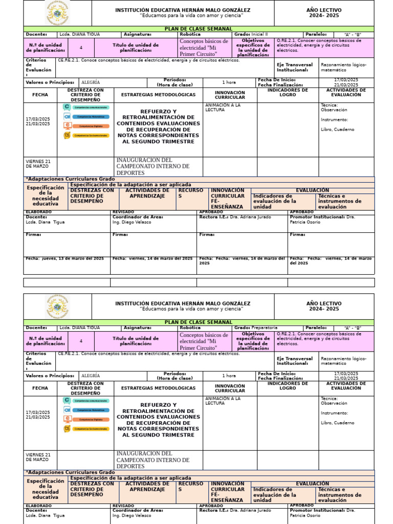 Plan de Clase Semanal e Inauguracion | PDF | Plan de estudios | Enseñando