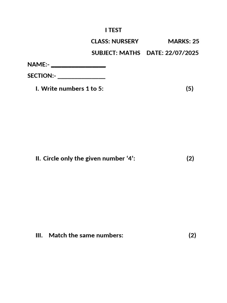 Nursery Maths Test Paper 2025 | PDF