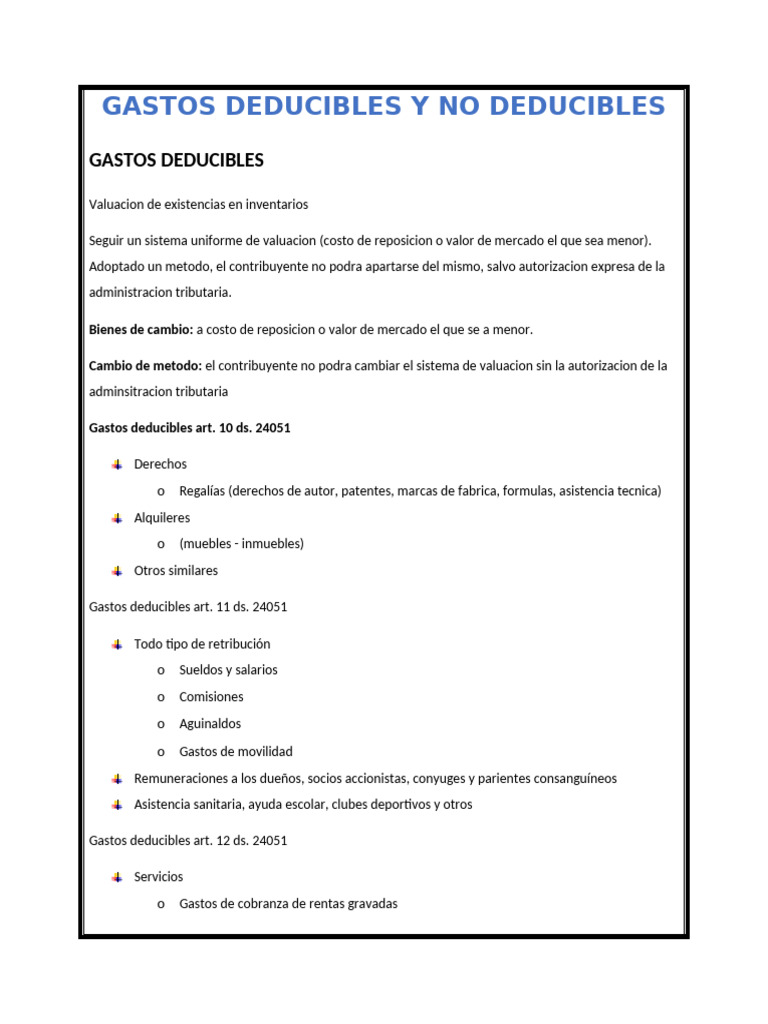 Gastos Deducibles según DS 24051 | PDF | Impuestos | Valoración (Finanzas)
