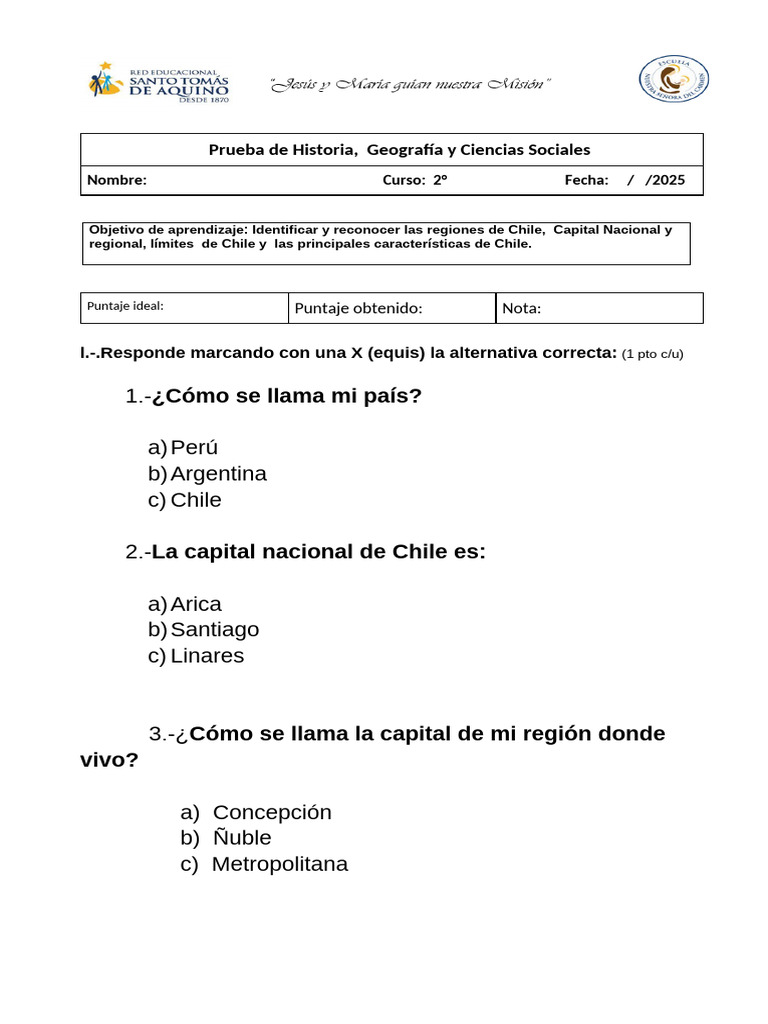 Prueba de Historia y Geografía de Chile | PDF | Chile | Ciencias de la ...