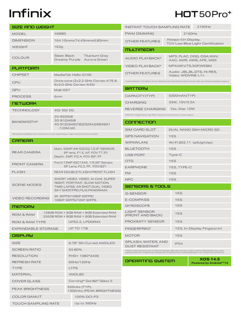 Infinix X6880 Specifications Overview | PDF | Camera | Video