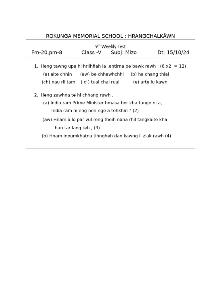 Class 5 Mizo Weekly Test Guide | PDF