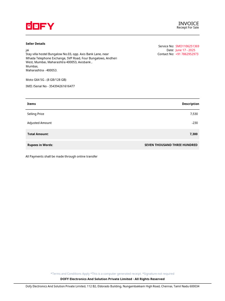 Dofy Invoice Smo1106251369 | PDF