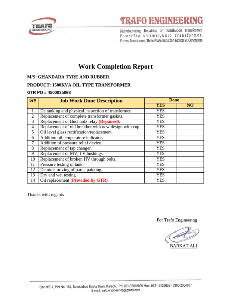 Transformer Maintenance Completion Report | PDF