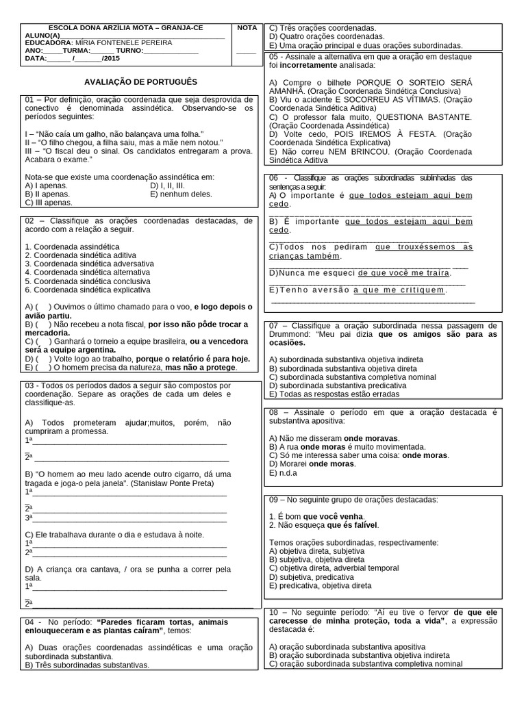 Avaliação - Orações Coordenadas - 9º Ano | PDF | Sintaxe | Gramática