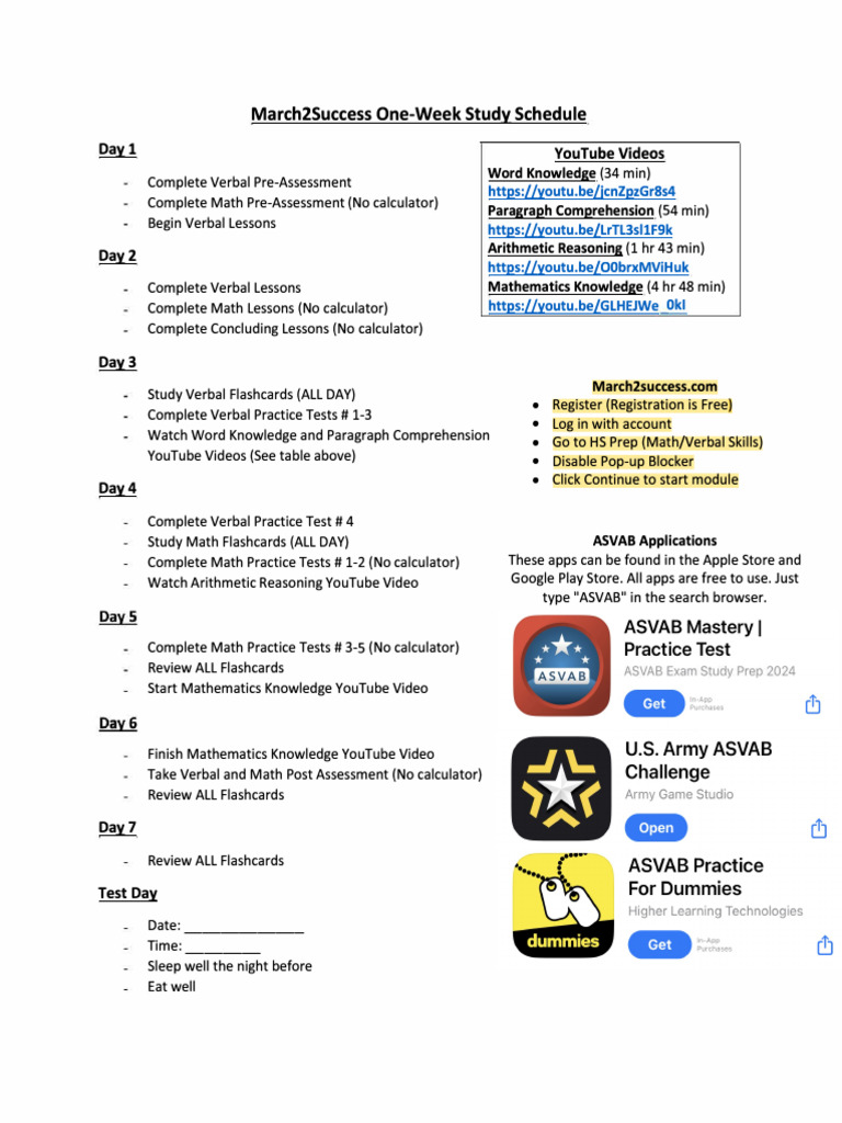 ASVAB One-Week Study Schedule | PDF | Mathematics
